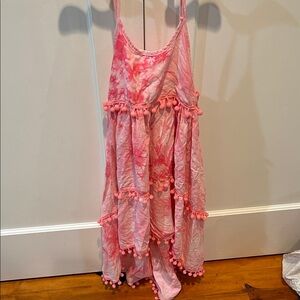 Lola + The Boys Pink Tie-Dye high low Dress with Pom-Poms